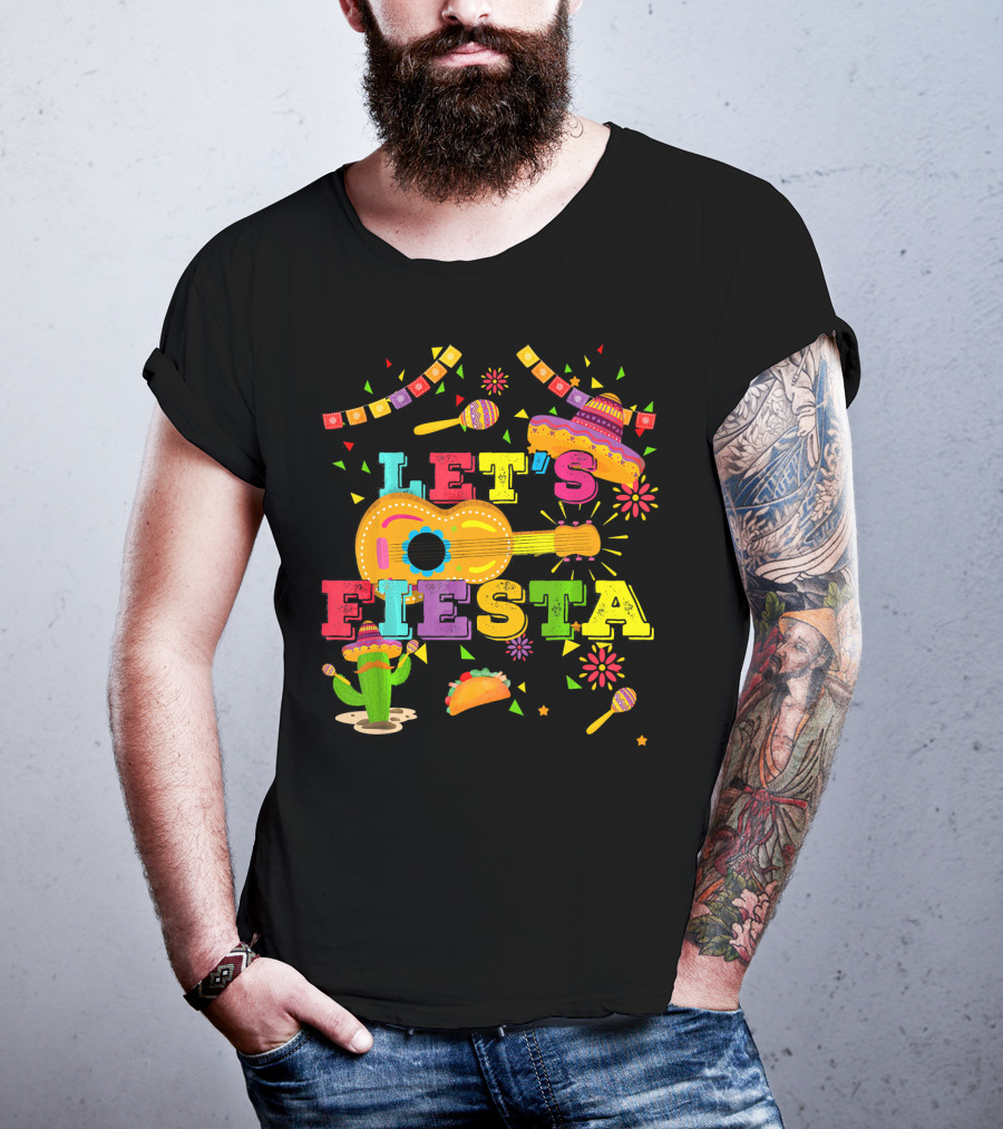 Let's Fiesta Cinco De Mayo Mexican Celebration Guitar Sombrero Maracas Taco Cactus Decorations T-Shirt