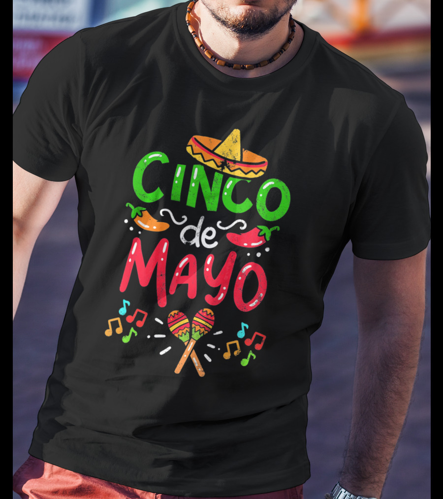 Cinco De Mayo Mexico Sombrero Maracas Peppers Music Notes T-Shirt