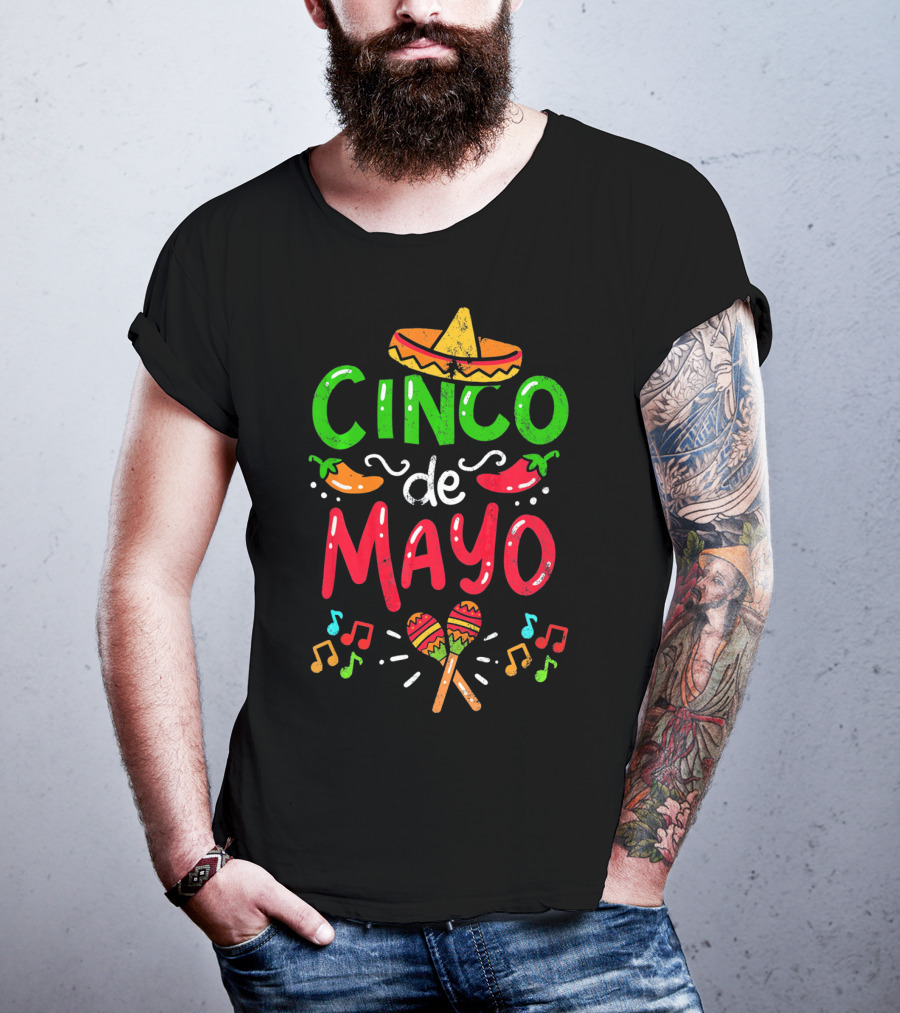 Cinco De Mayo Mexico Sombrero Maracas Peppers Music Notes T-Shirt