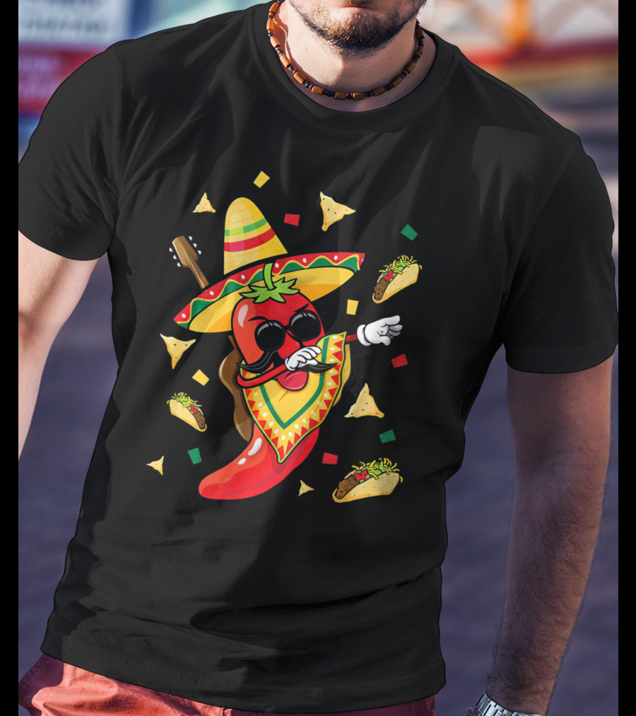 Mexican Sombrero Dabbing Jalapeno With Tacos And Nachos Fiesta Explosion T-Shirt