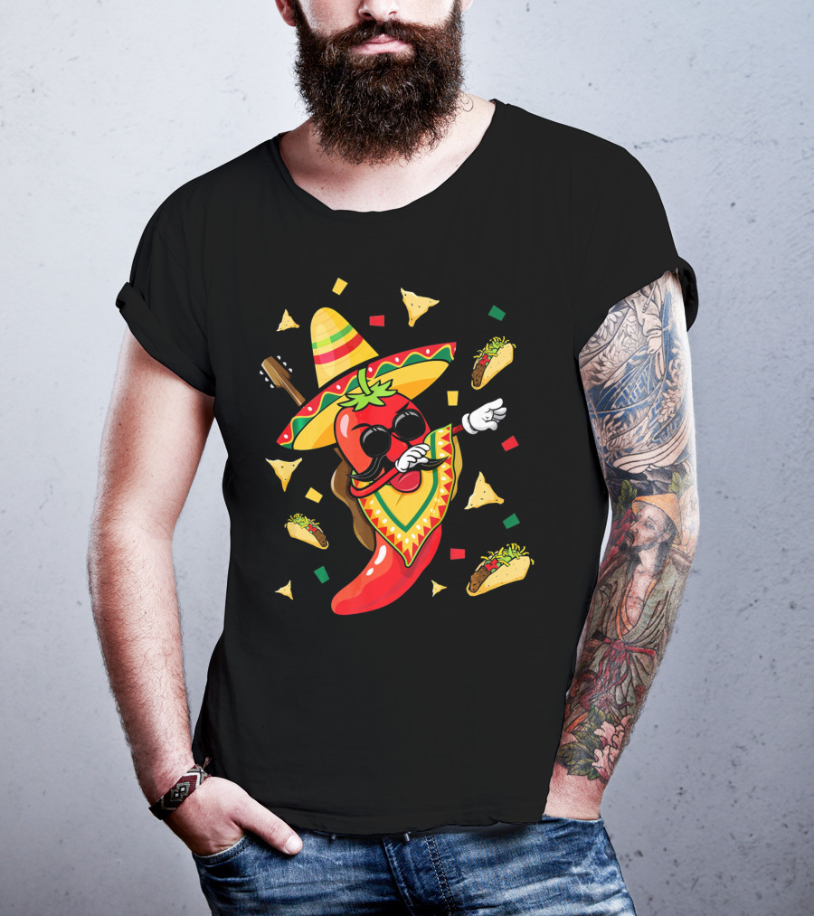 Mexican Sombrero Dabbing Jalapeno With Tacos And Nachos Fiesta Explosion T-Shirt
