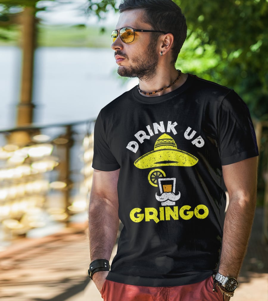 Drink Up Gringo Sombrero Beer Mustache Lime T-Shirt