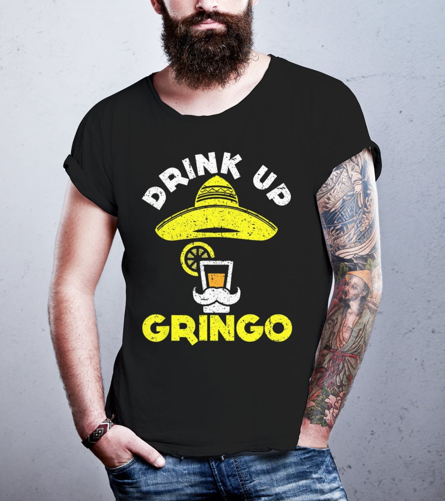 Drink Up Gringo Sombrero Beer Mustache Lime T-Shirt