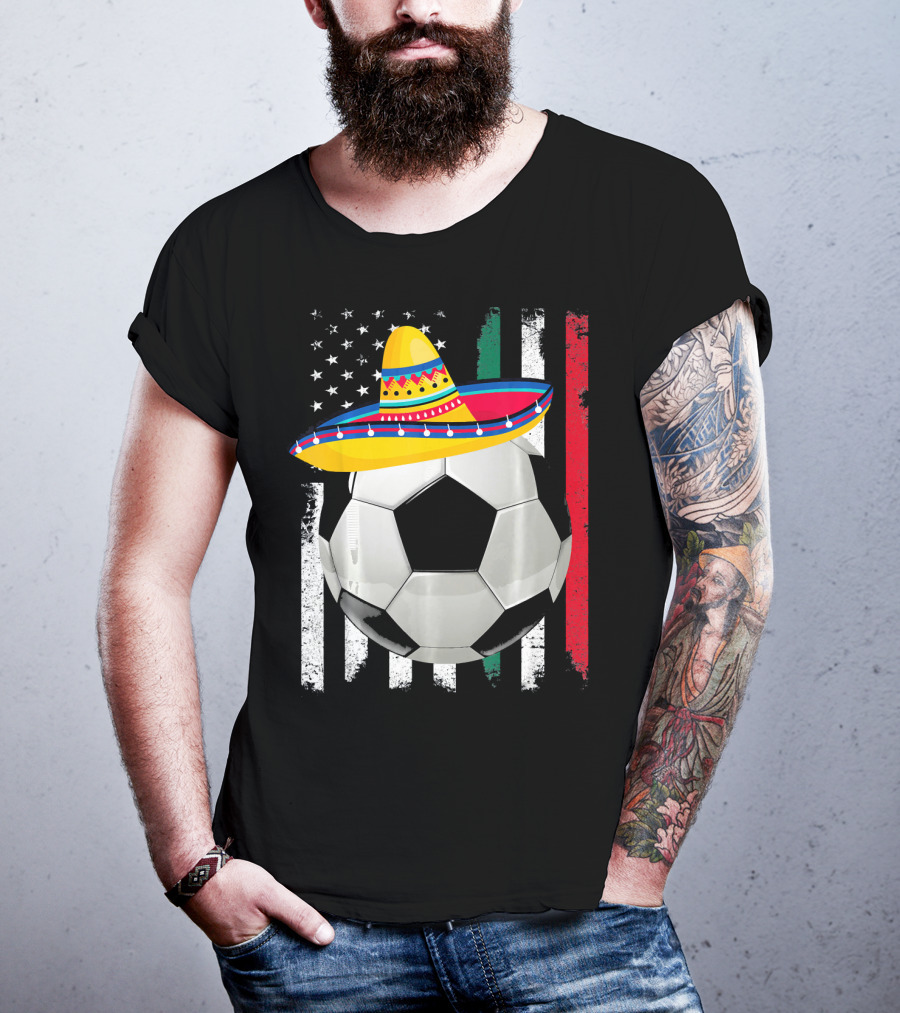 Cinco De Mayo Soccer Sombrero American Mexican Flags T-Shirt