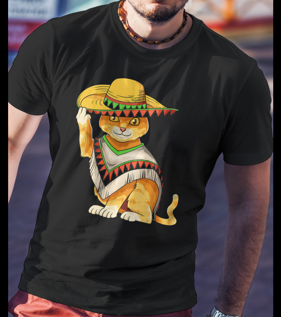 Mexican Cat Cinco De Mayo Cat Poncho Sombrero Fiesta T-Shirt