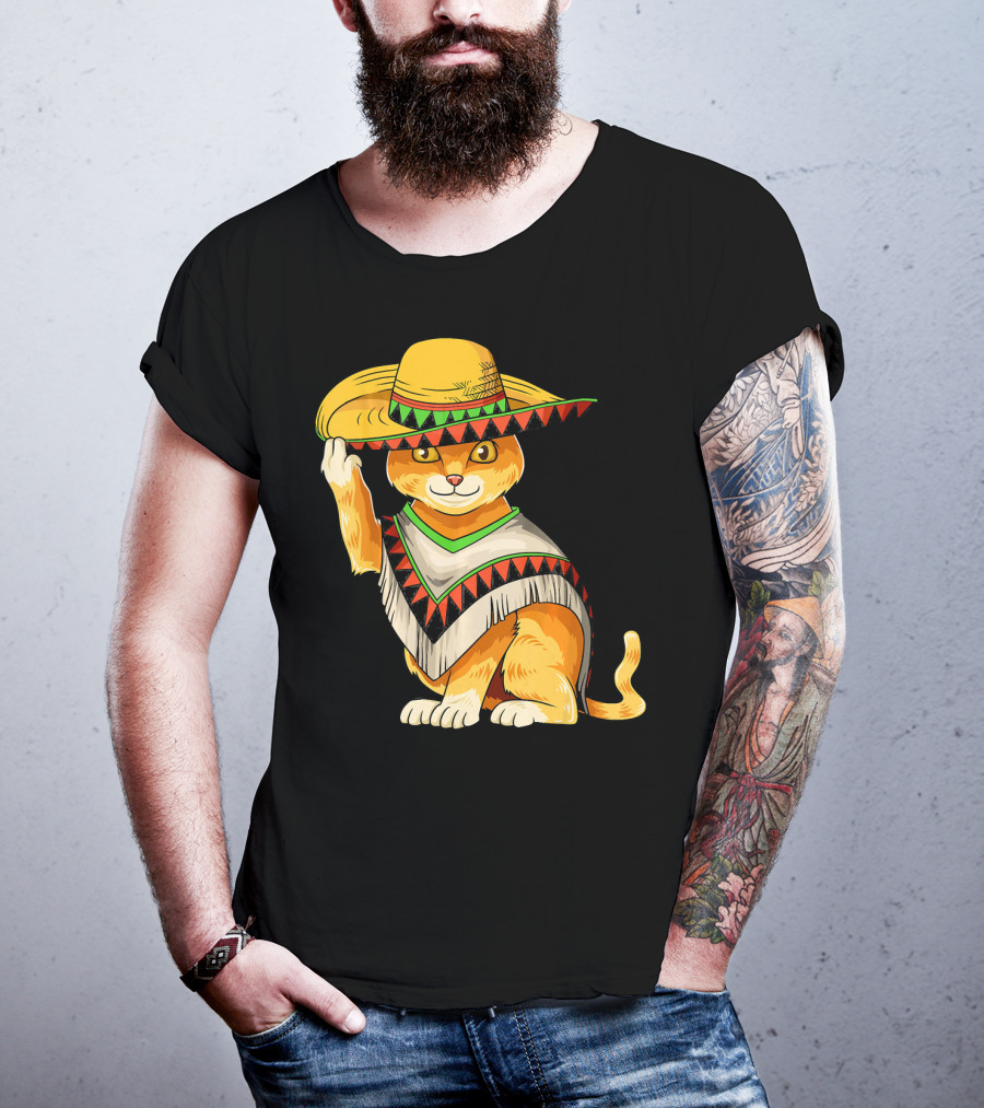 Mexican Cat Cinco De Mayo Cat Poncho Sombrero Fiesta T-Shirt
