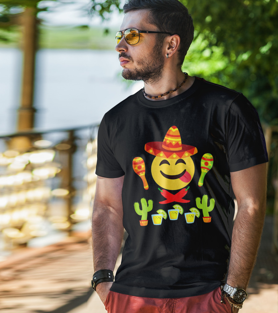 Cinco De Mayo Emoji Tongue Sombrero Cactus Maracas Peppers Lime Shots T-Shirt