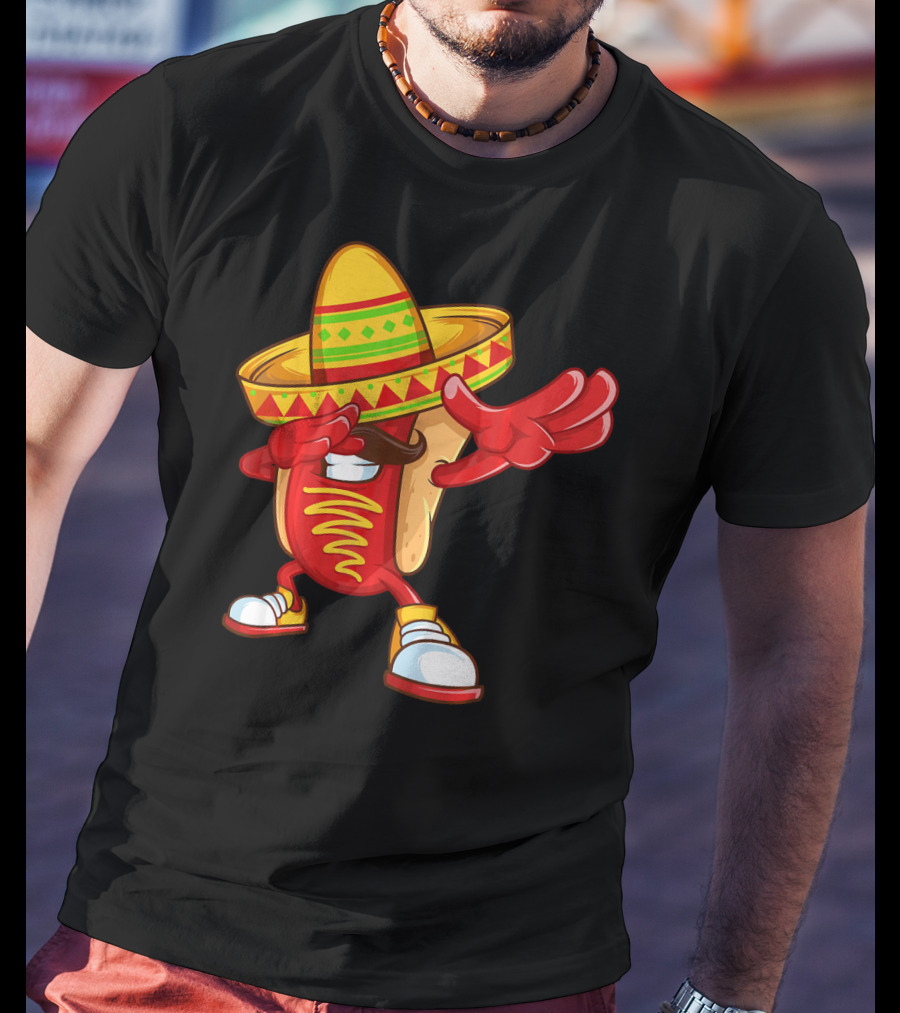 Funny Dabbing Hotdog Sombrero Mexican Cinco De Mayo T-Shirt