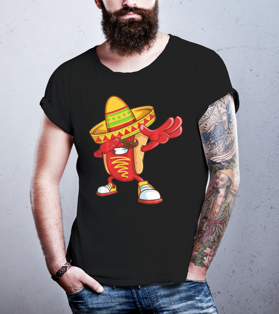 Funny Dabbing Hotdog Sombrero Mexican Cinco De Mayo T-Shirt