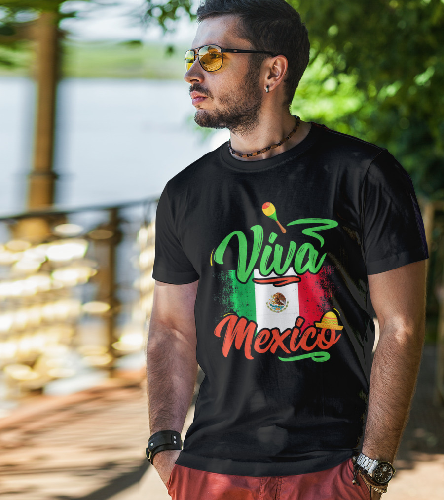 Viva Mexico Mexican Flag With Sombrero And Maraca Cinco De Mayo T-Shirt
