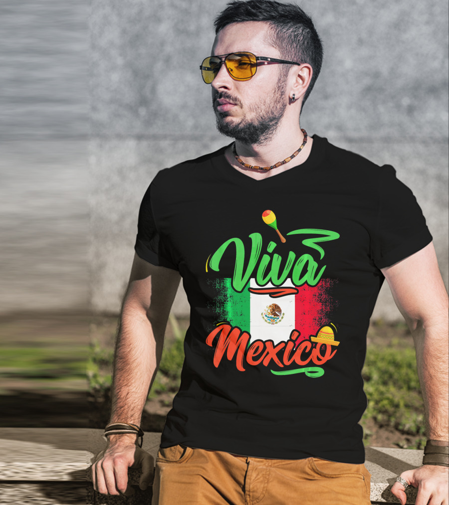 Viva Mexico Mexican Flag With Sombrero And Maraca Cinco De Mayo T-Shirt