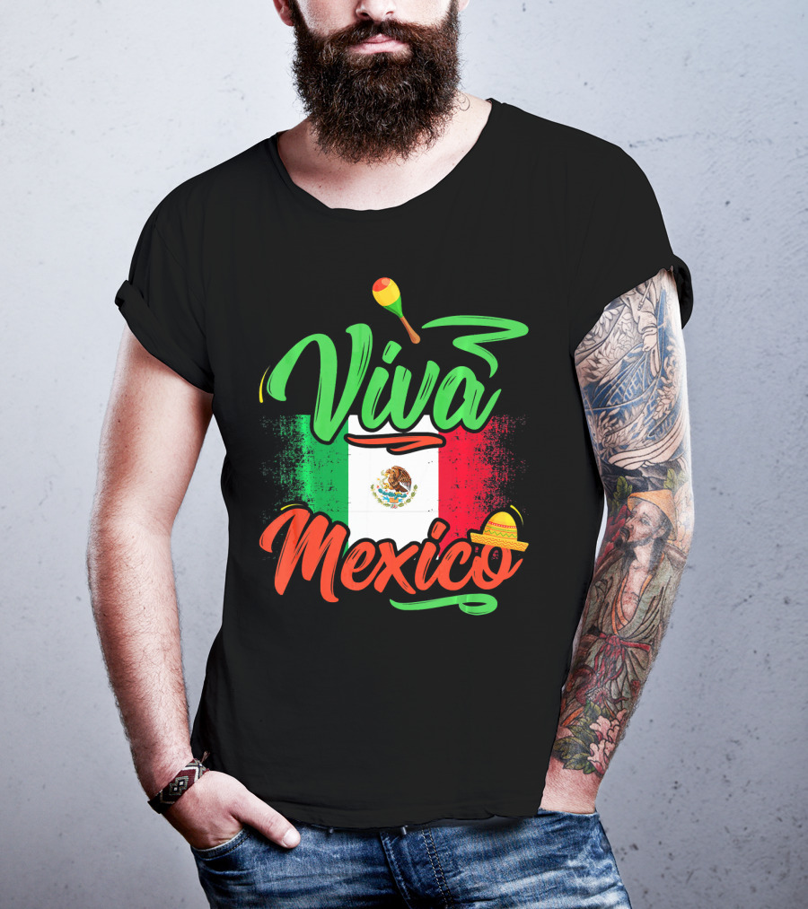 Viva Mexico Mexican Flag With Sombrero And Maraca Cinco De Mayo T-Shirt