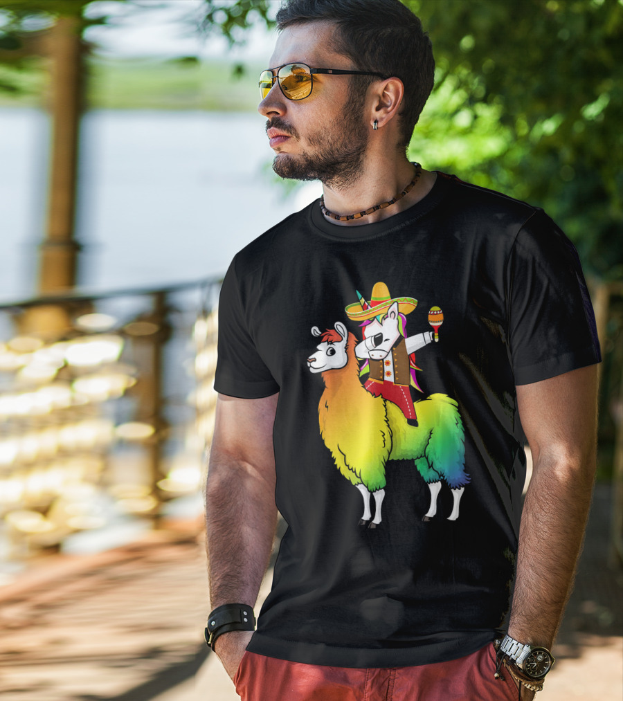 Unicorn Dabbing Riding Llama With Sombrero And Maracas Funny Cinco T-Shirt