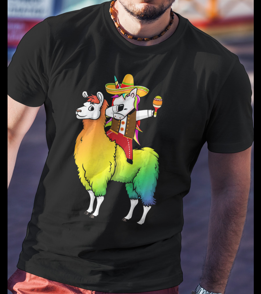 Unicorn Dabbing Riding Llama With Sombrero And Maracas Funny Cinco T-Shirt