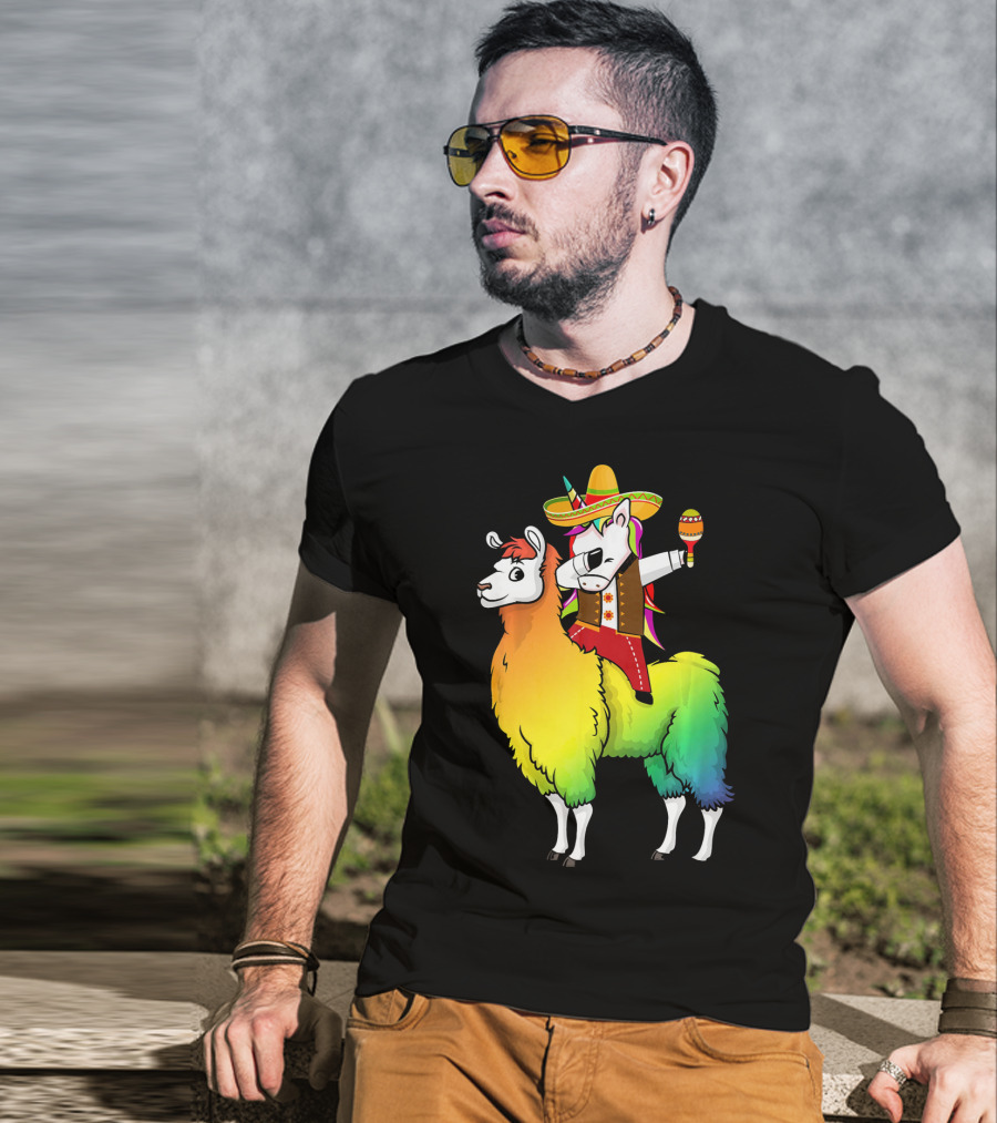 Unicorn Dabbing Riding Llama With Sombrero And Maracas Funny Cinco T-Shirt