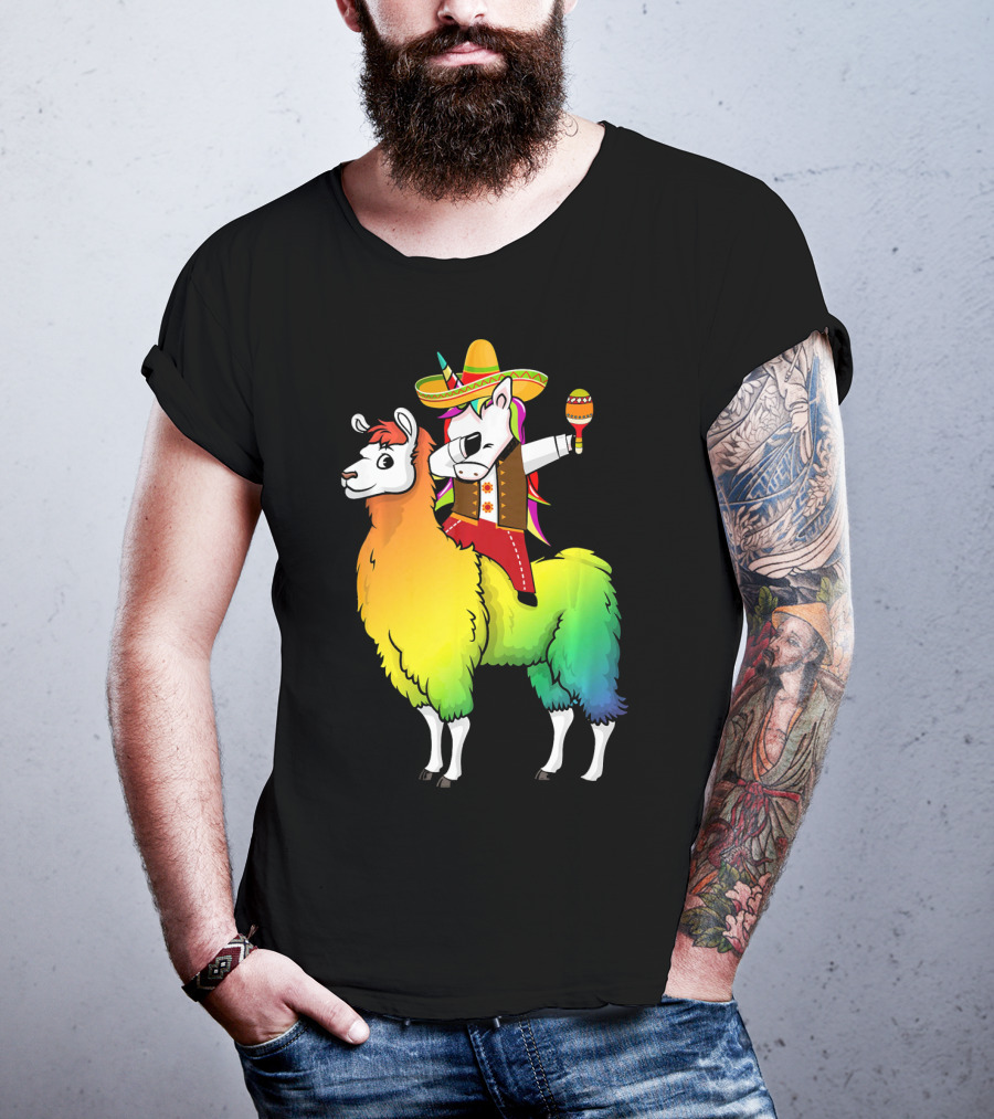 Unicorn Dabbing Riding Llama With Sombrero And Maracas Funny Cinco T-Shirt