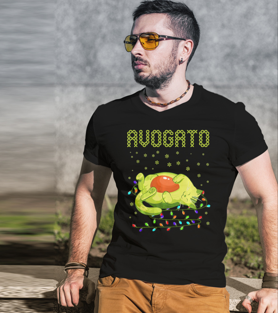 Avogato Cat With Colorful Lights Funny Cinco De Mayo Meow T-Shirt