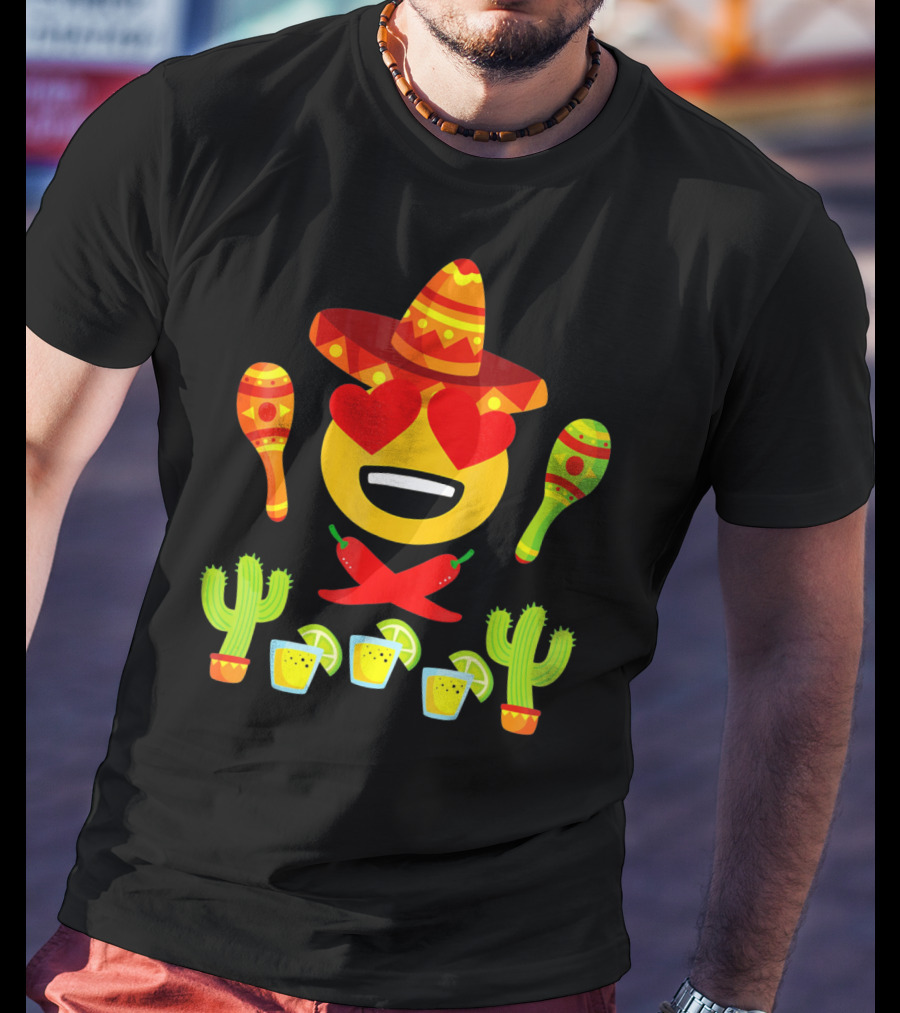 Fiesta Cinco De Mayo Emoji Heart Eyes Sombrero Maracas Cactus Peppers Margaritas T-Shirt