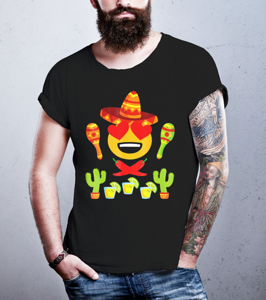 Fiesta Cinco De Mayo Emoji Heart Eyes Sombrero Maracas Cactus Peppers Margaritas T-Shirt