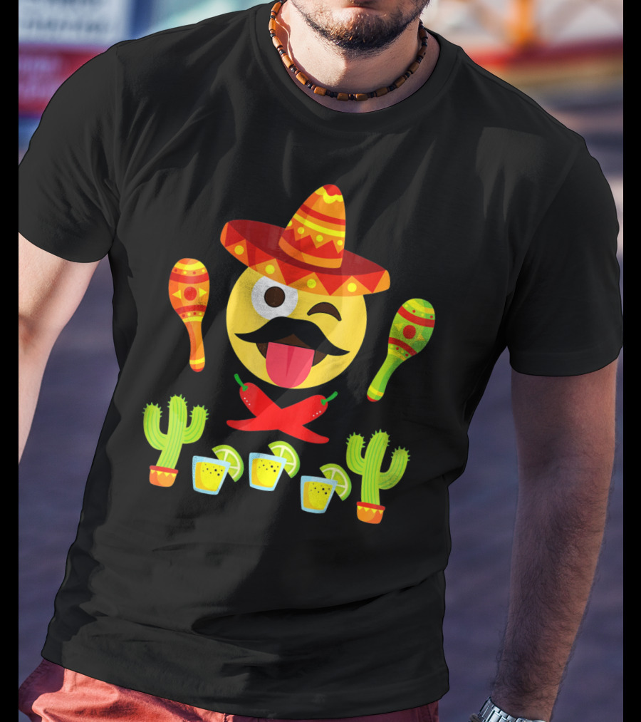 Cinco De Mayo Winking Emoji Sombrero Maracas Cactus Tequila Peppers T-Shirt