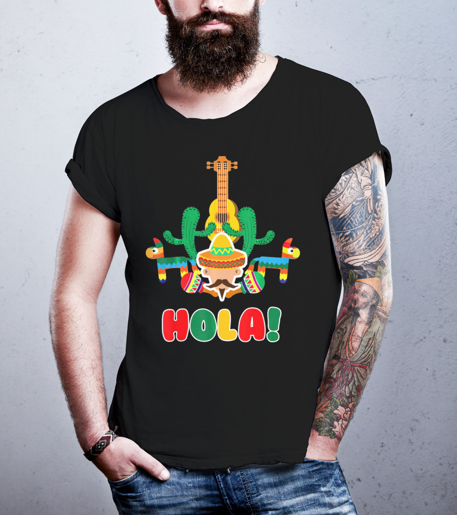 Hola Mexican Sombrero Guitar Cactus Piñata Fiesta T-Shirt