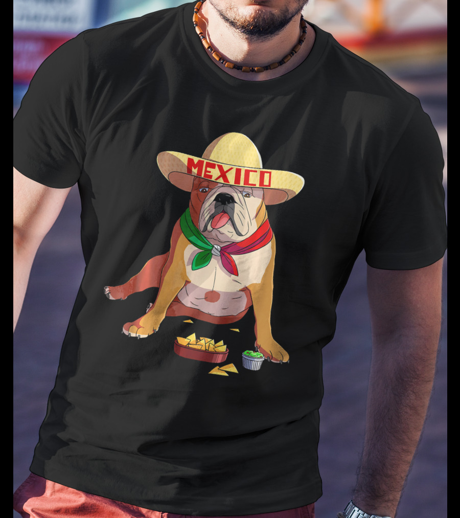 Cinco De Mayo Mexican Bulldog Wearing Sombrero With Chips And Salsa T-Shirt