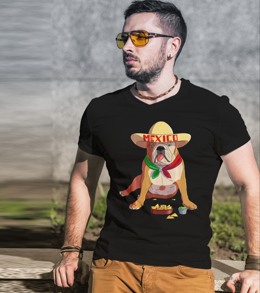 Cinco De Mayo Mexican Bulldog Wearing Sombrero With Chips And Salsa T-Shirt