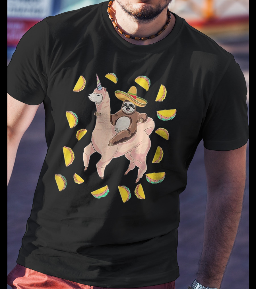 Cinco De Mayo Llamacorn With Sombrero-Wearing Sloth Surrounded By Tacos T-Shirt