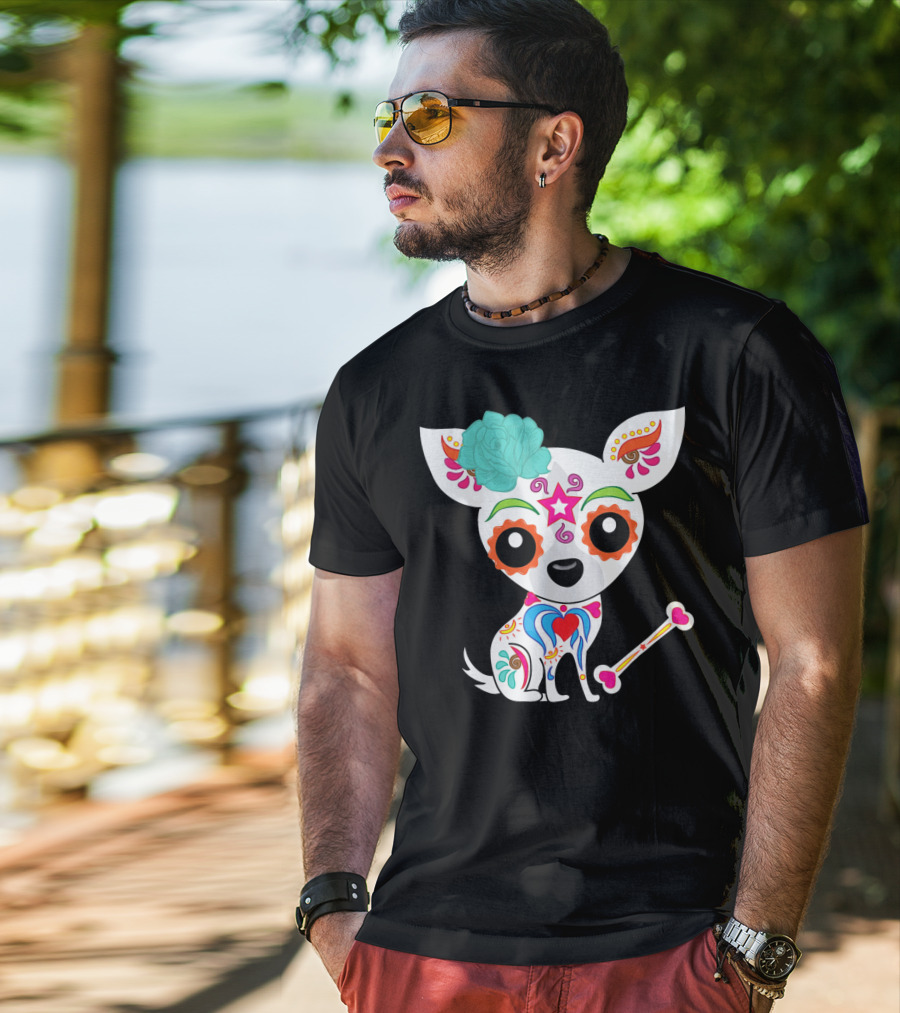 Cinco De Mayo Sugar Skull Chihuahua With Floral Bone And Colorful Flower T-Shirt