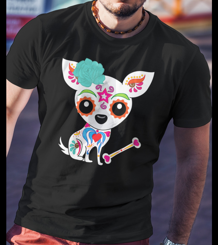 Cinco De Mayo Sugar Skull Chihuahua With Floral Bone And Colorful Flower T-Shirt