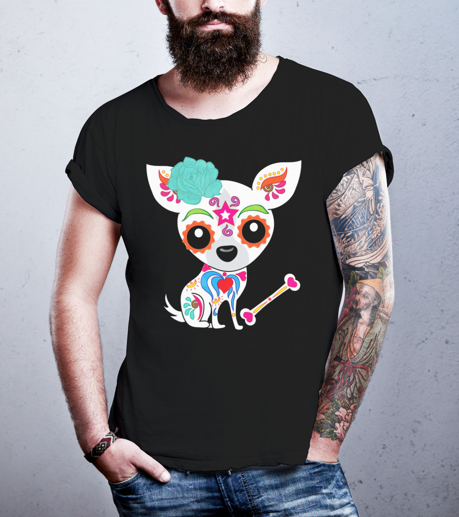 Cinco De Mayo Sugar Skull Chihuahua With Floral Bone And Colorful Flower T-Shirt