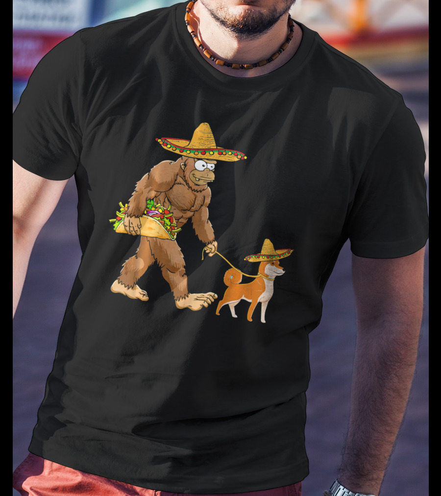Bigfoot Taco Sombrero Shiba Inu Dog Cinc Walking Cartoon T-Shirt