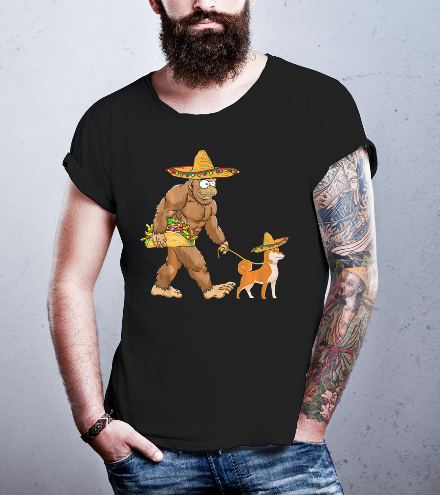 Bigfoot Taco Sombrero Shiba Inu Dog Cinc Walking Cartoon T-Shirt