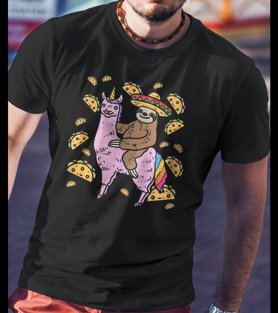 Cinco De Mayo Llamacorn With Sombrero Sloth Surrounded By Tacos T-Shirt