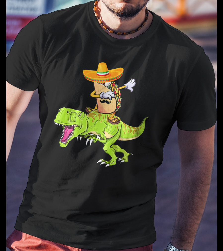 Dabbing Taco Sombrero On T-Rex Dinosaur T-Shirt