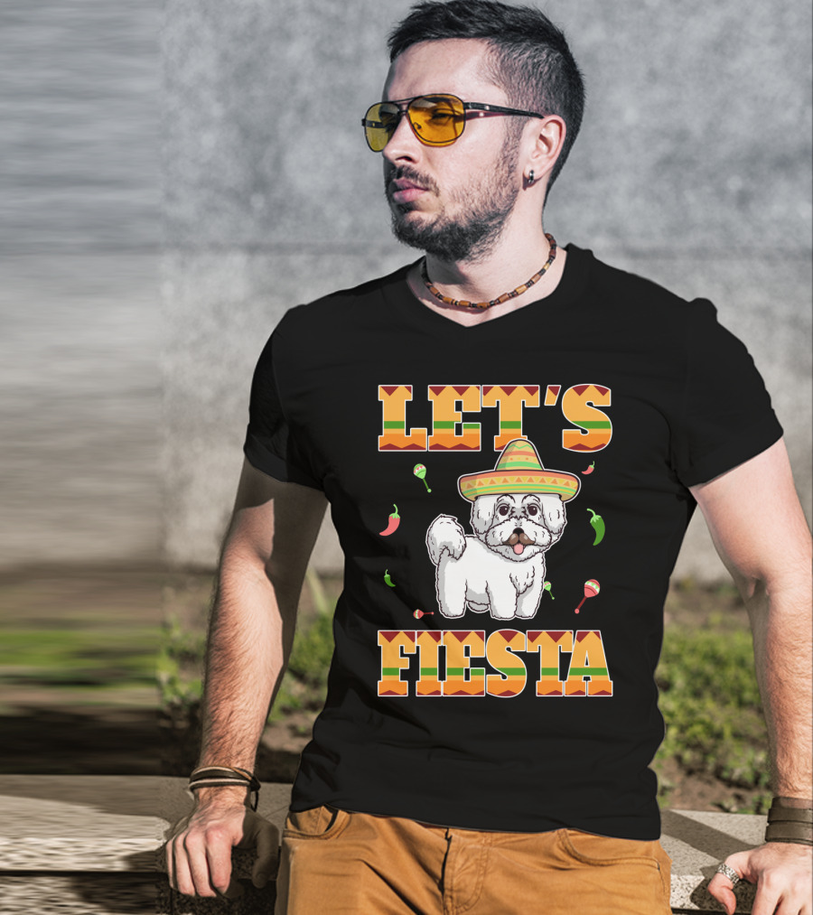 Let's Fiesta Bichon Frise Dog Cinco De Mayo Sombrero Peppers Maracas T-Shirt