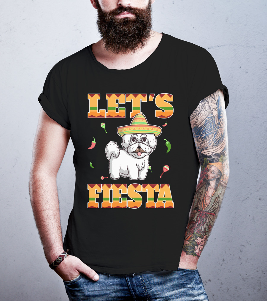 Let's Fiesta Bichon Frise Dog Cinco De Mayo Sombrero Peppers Maracas T-Shirt