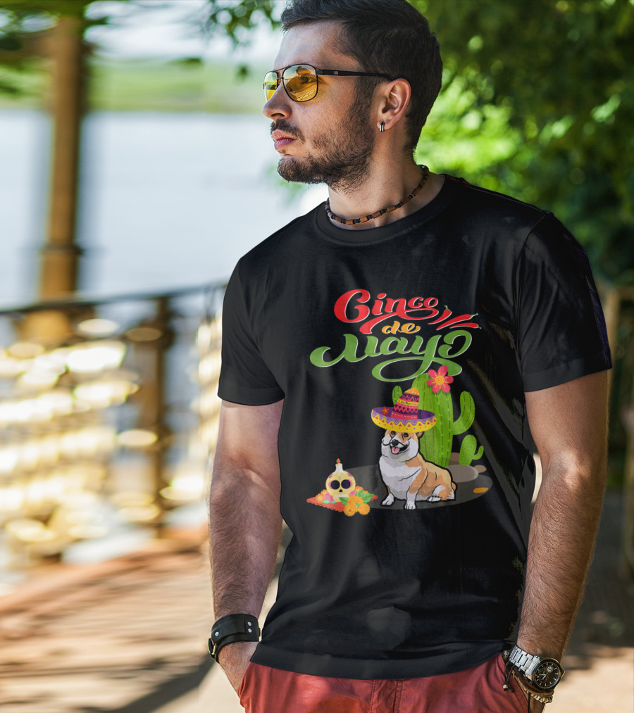 Cinco De Mayo Corgi Dog Fiesta With Sombrero And Cactus T-Shirt