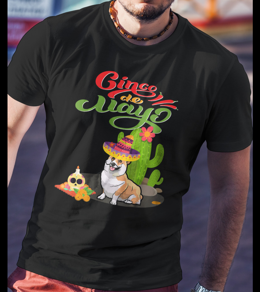 Cinco De Mayo Corgi Dog Fiesta With Sombrero And Cactus T-Shirt