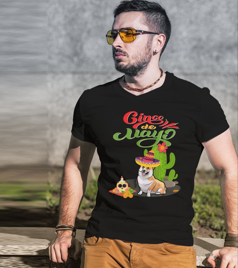 Cinco De Mayo Corgi Dog Fiesta With Sombrero And Cactus T-Shirt