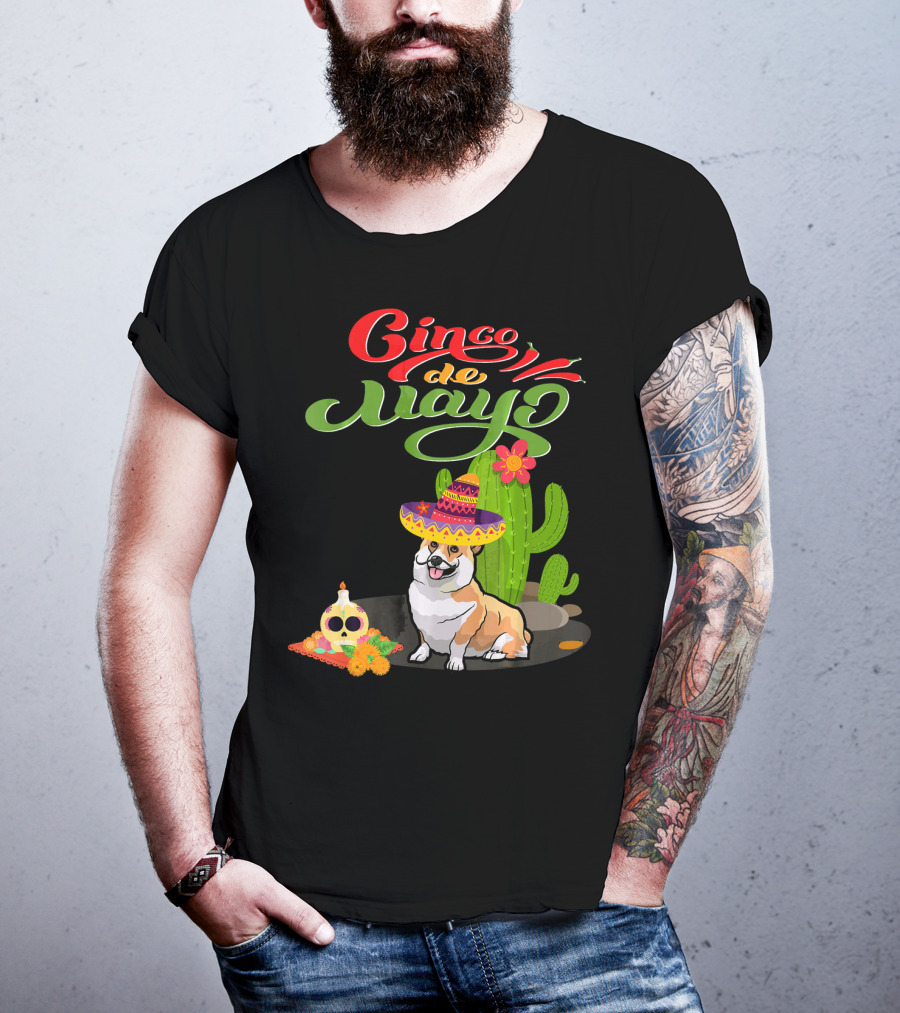 Cinco De Mayo Corgi Dog Fiesta With Sombrero And Cactus T-Shirt