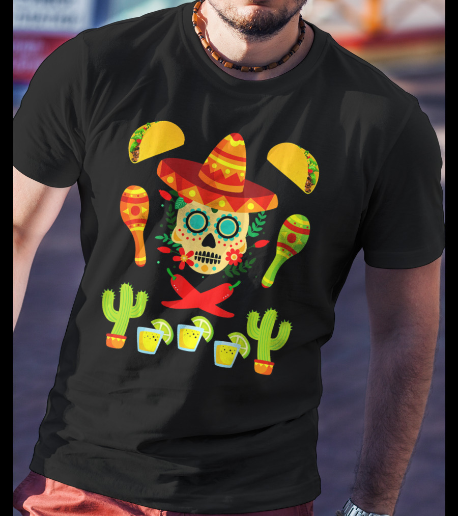 Fiesta Cinco De Mayo Sombrero Cactus Maracas Tacos Skull Peppers Shots Lime T-Shirt