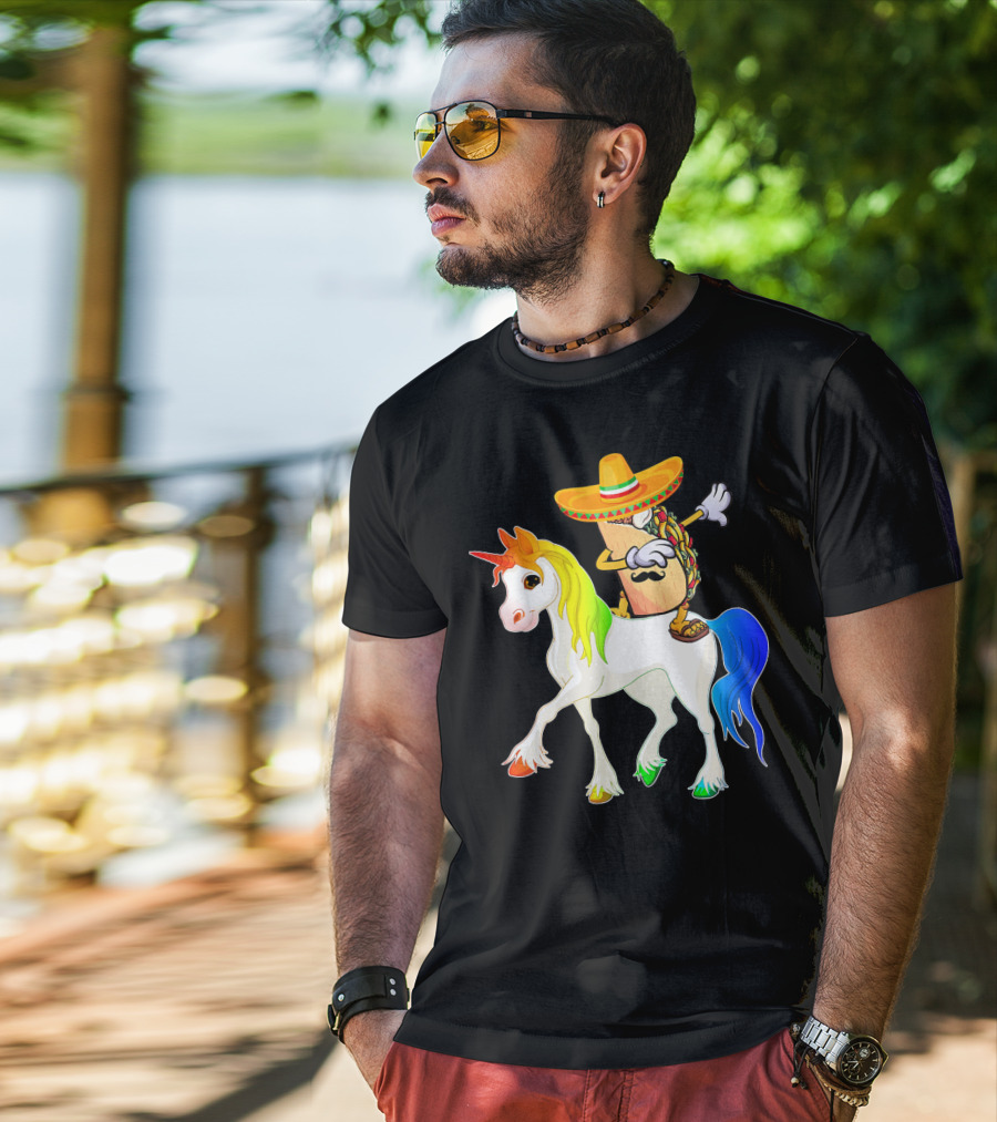 Dabbing Taco Sombrero With Mustache Riding Colorful Unicorn Fun T-Shirt