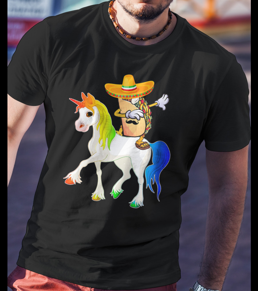 Dabbing Taco Sombrero With Mustache Riding Colorful Unicorn Fun T-Shirt
