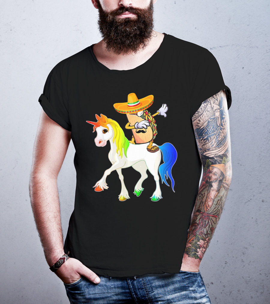 Dabbing Taco Sombrero With Mustache Riding Colorful Unicorn Fun T-Shirt