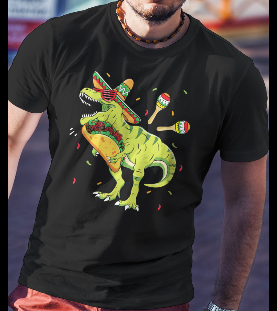Cinco De Mayo T Rex With Sombrero Maracas And Taco T-Shirt