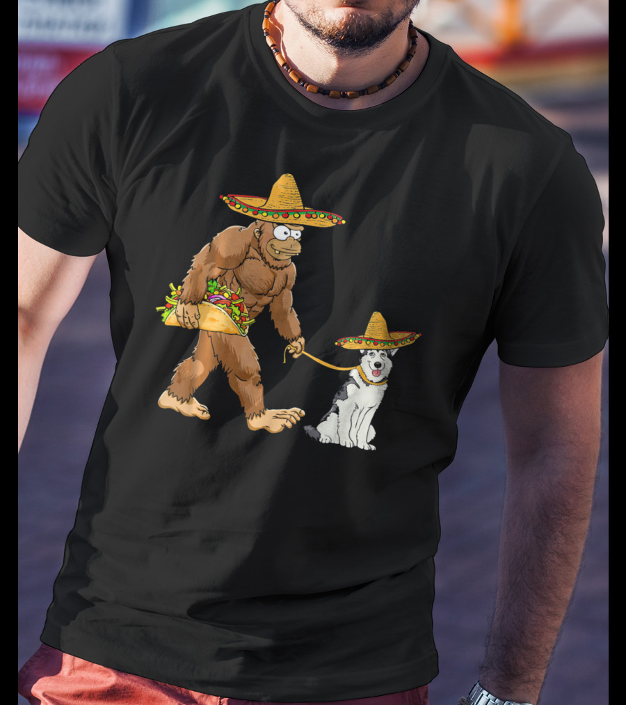 Bigfoot Husky Dog Taco Sombrero Cinco De Mayo T-Shirt
