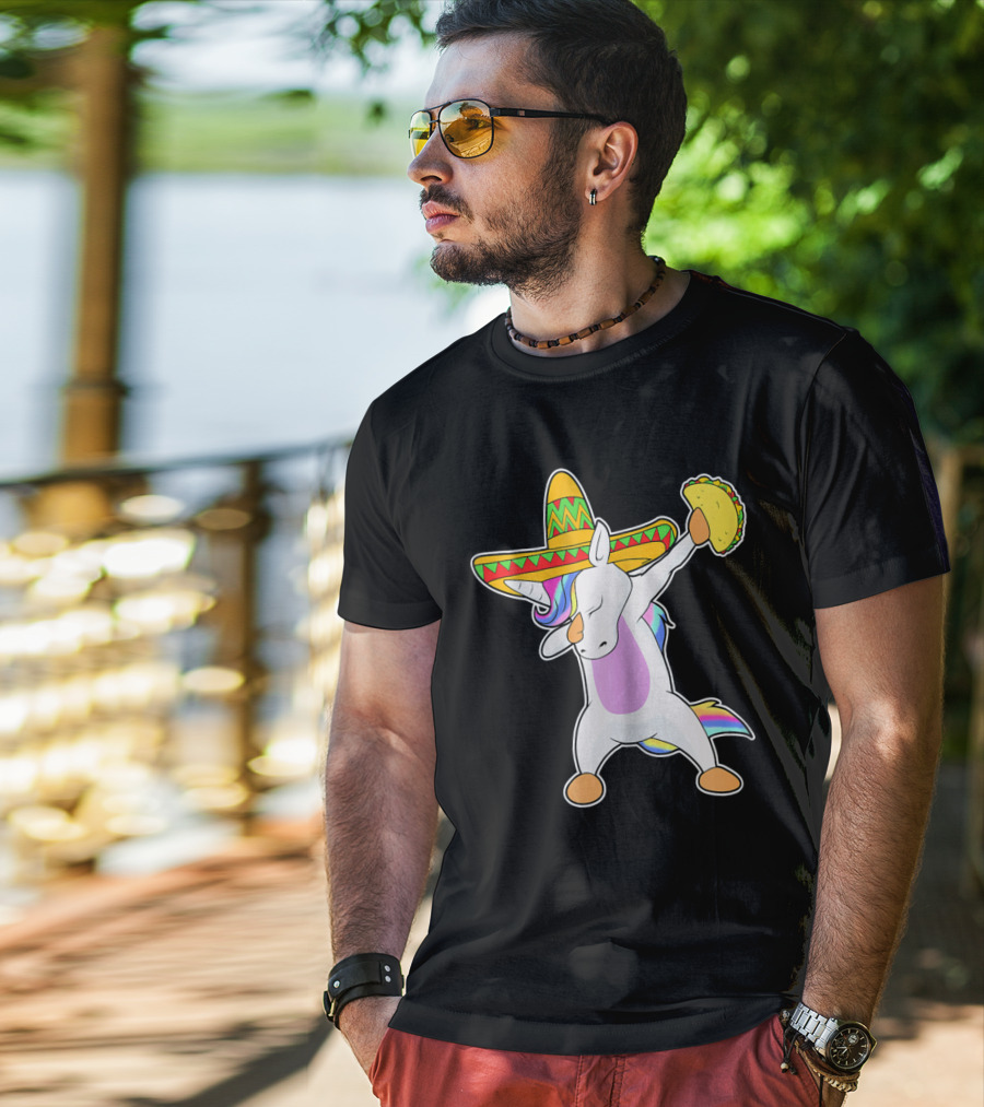 Funny Dabbing Unicorn With Taco And Sombrero Leveraging Cinco De Mayo Celebrations T-Shirt