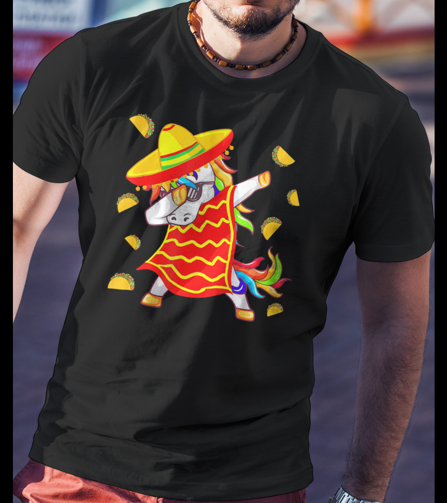 Unicorn Dabbing In Mexican Poncho With Sombrero Surrounded By Tacos T-Shirt