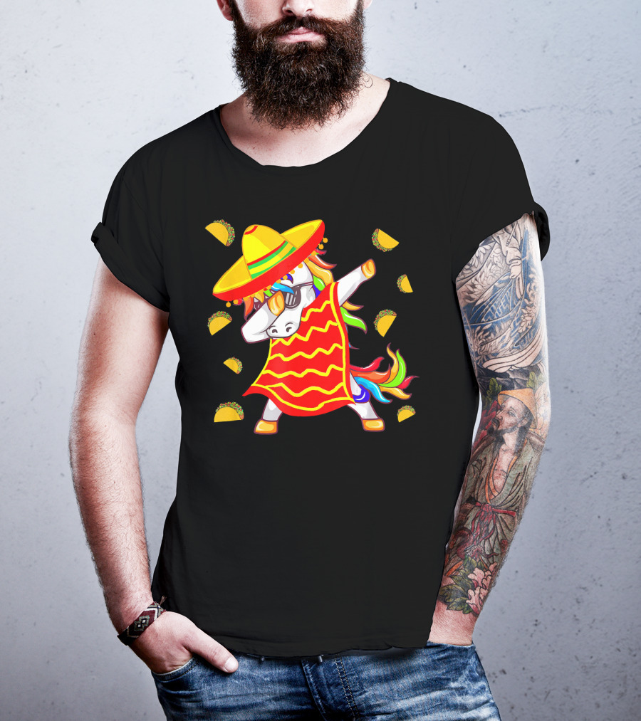 Unicorn Dabbing In Mexican Poncho With Sombrero Surrounded By Tacos T-Shirt